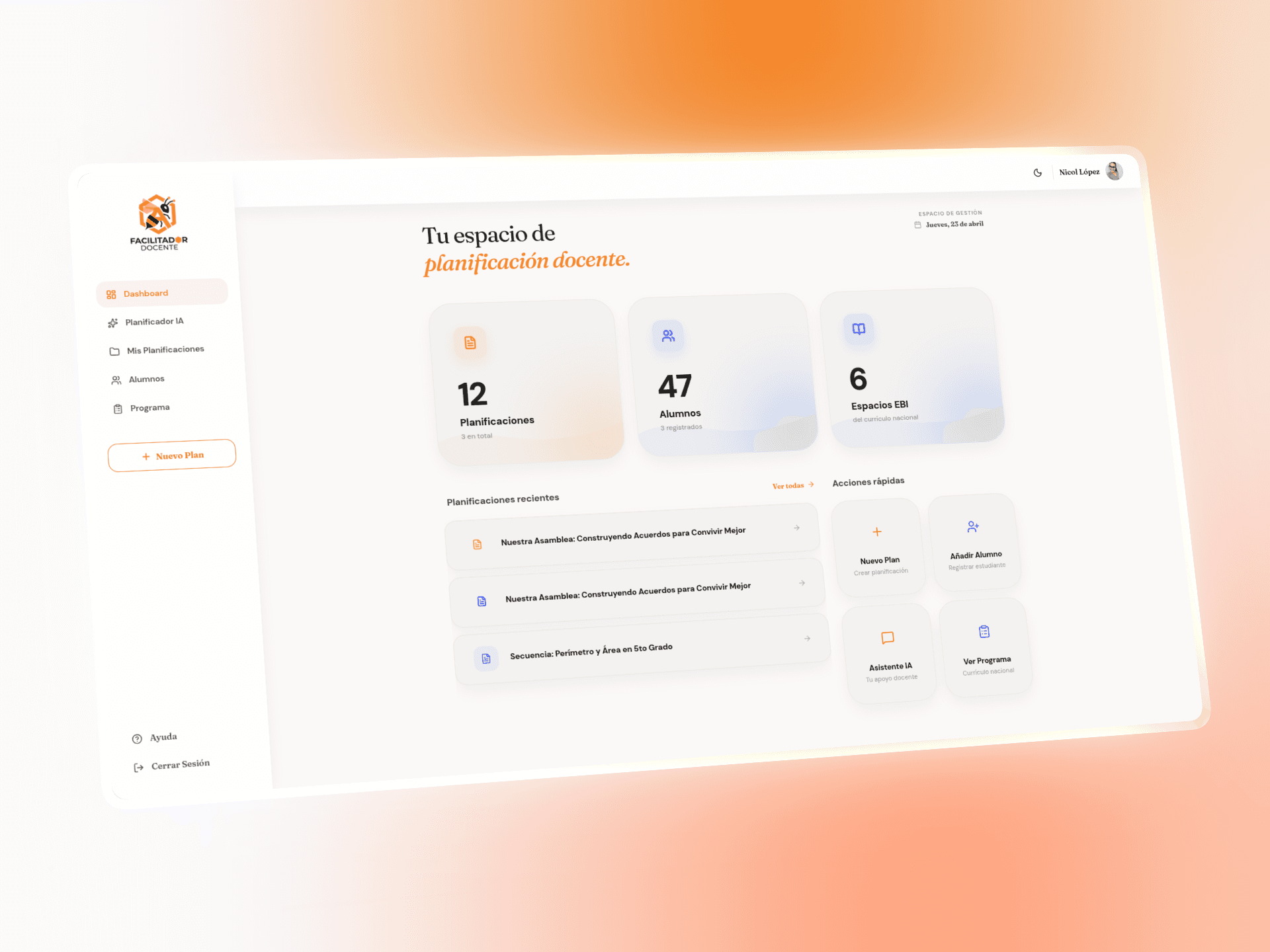 Dashboard de Facilitador Docente — Tu espacio de planificación docente
